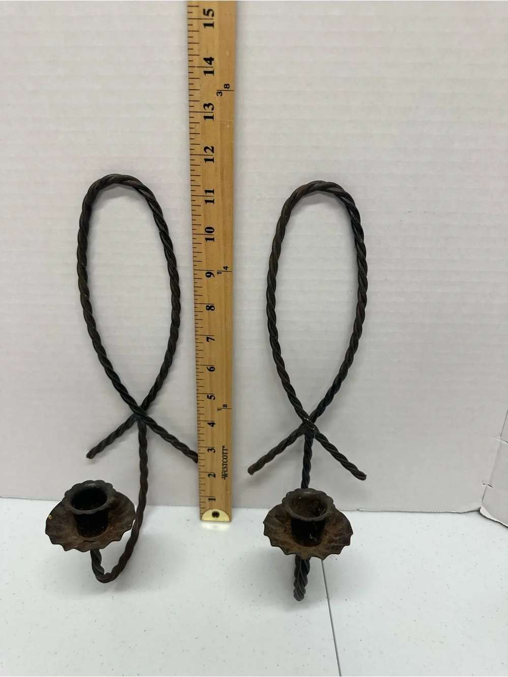 Vintage Wrought Iron Wall Candle Sconces Pair Twisted Metal Rustic Gothic 12”